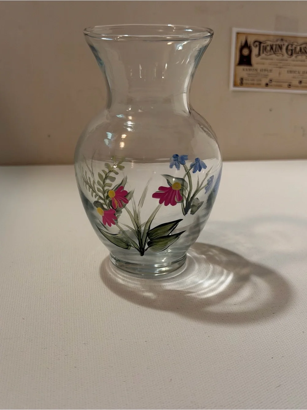 Hand-Painted Floral Glass Vase - Blue and Pink Flowers
